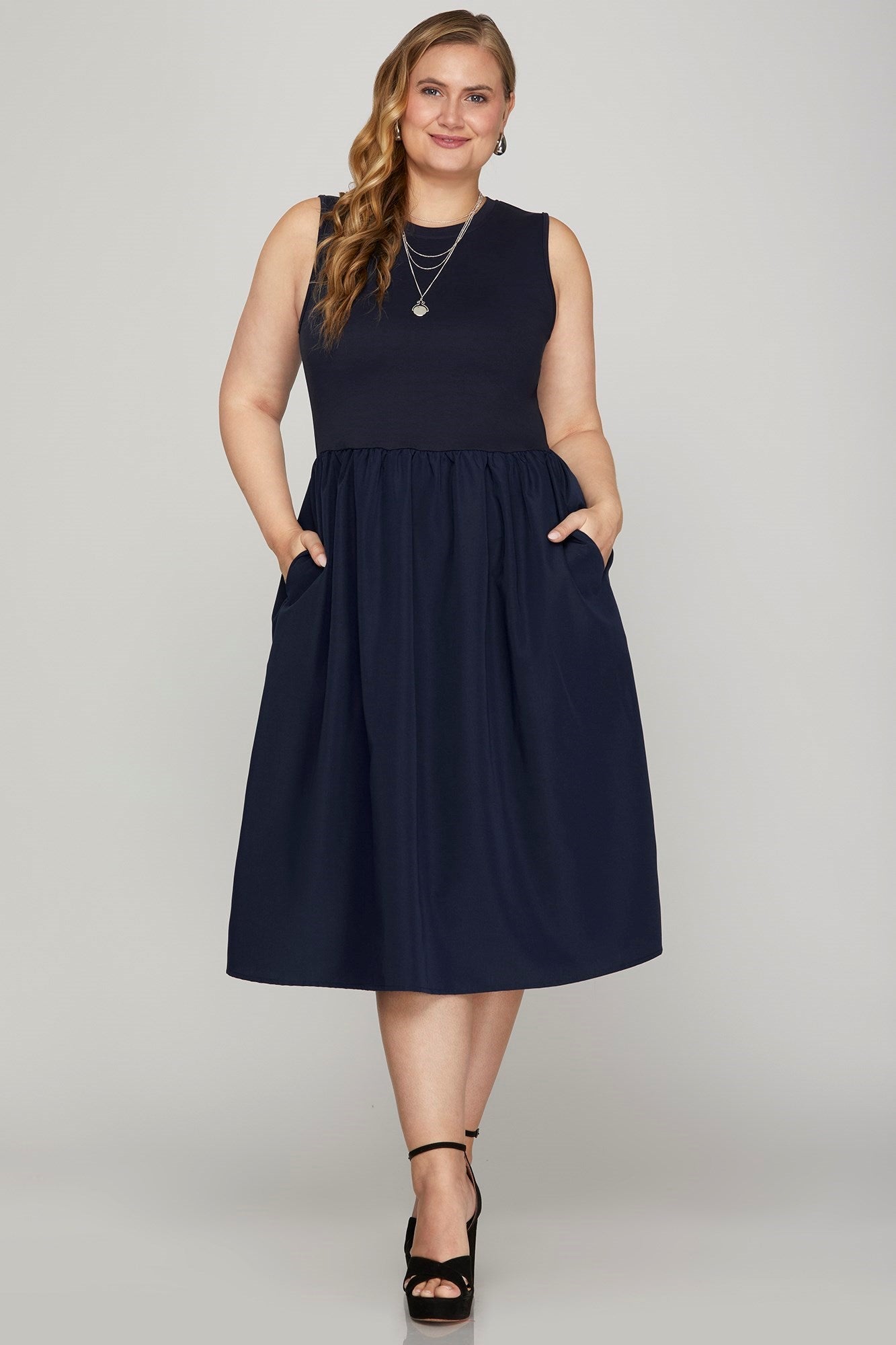 She + Sky Full Size Sleeveless Poplin Woven Midi Dress with Pockets