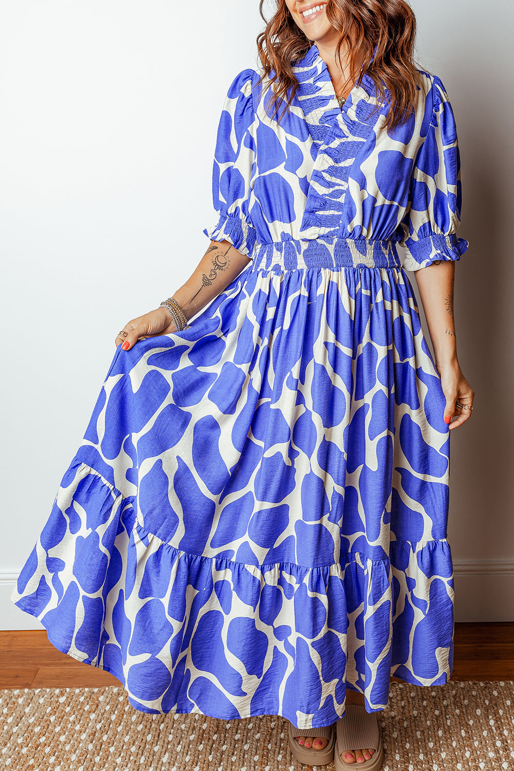 Abstract Smocked Waist Puff Sleeve Maxi Dress
