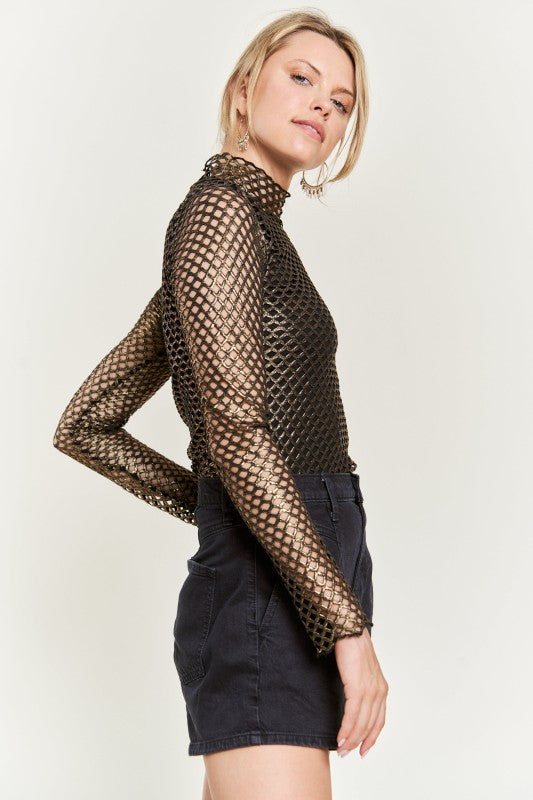Mock neck Metallic long sleeve Top