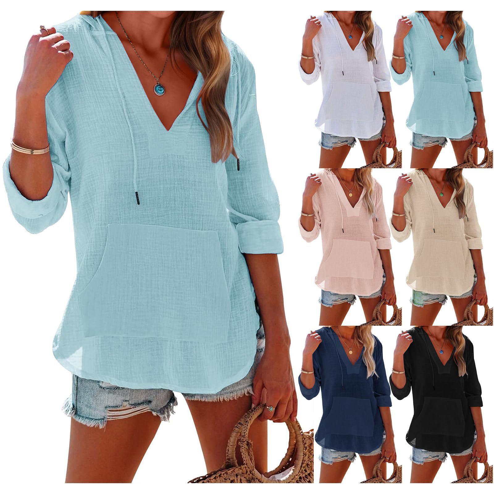 V-neck Hooded Shirt With Pockets Fashion Sports Long-sleeved Split