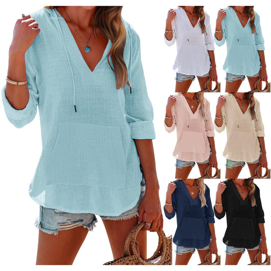 V-neck Hooded Shirt With Pockets Fashion Sports Long-sleeved Split