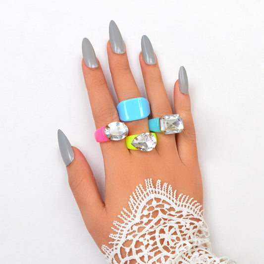 4pcs/set Multi Colour Stunning Big Stone Finger Rings Fashion Women