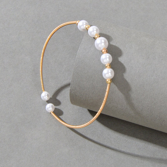 Women Delicate Pearl Decor Cuff Bangle Gold Plated Jewellery Classic
