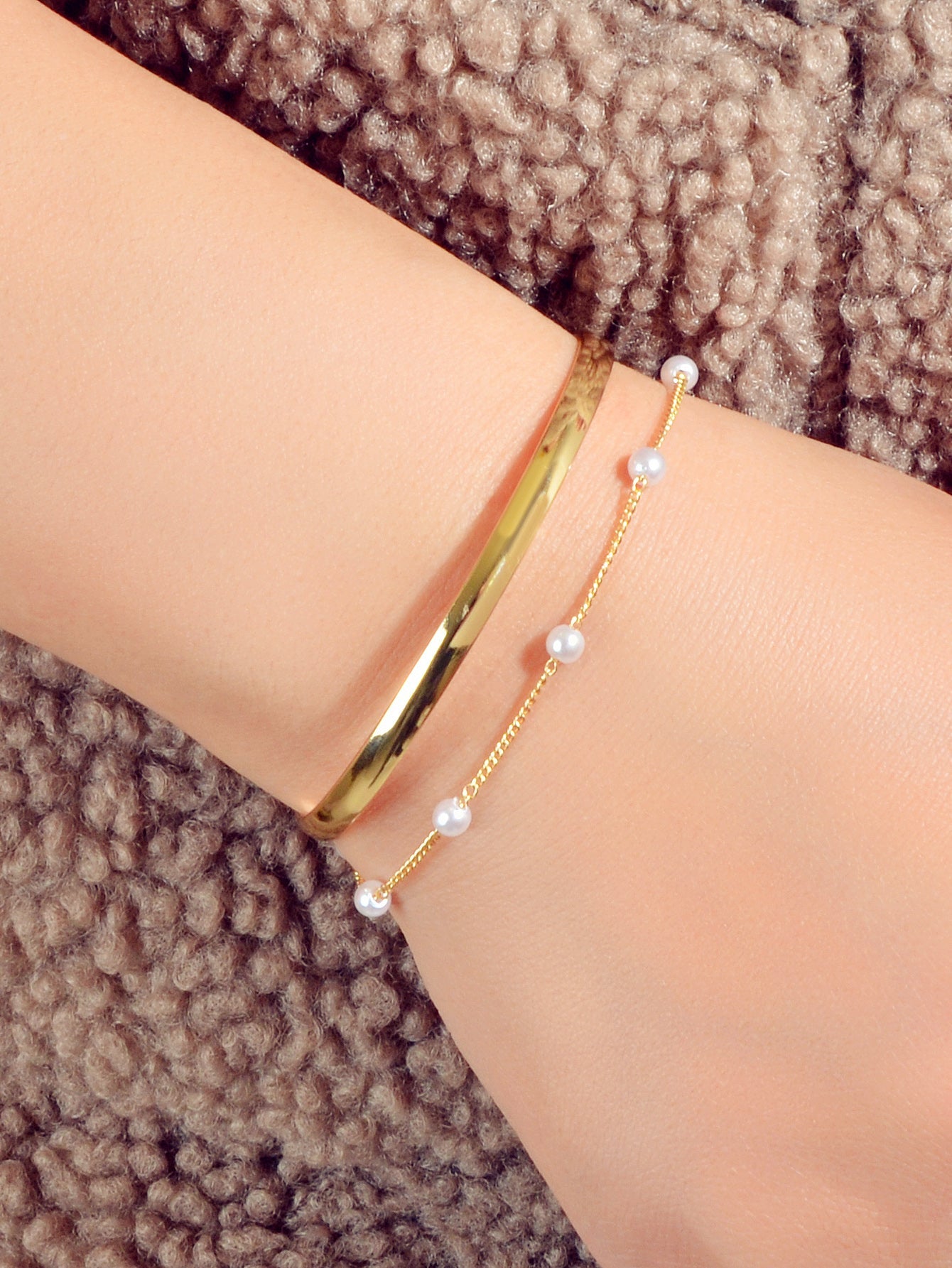 Fashion New Faux Pearl Decor Chain Gold Bracelet Cuff Bangle for Women