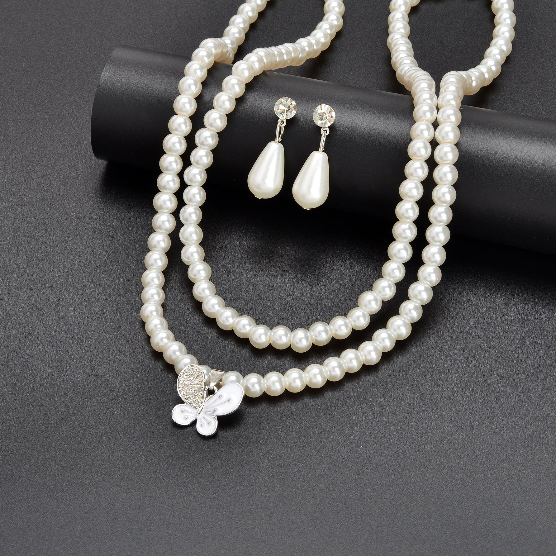 Imitation Pearl Double layered Necklace Water Drop Earrings Banquet