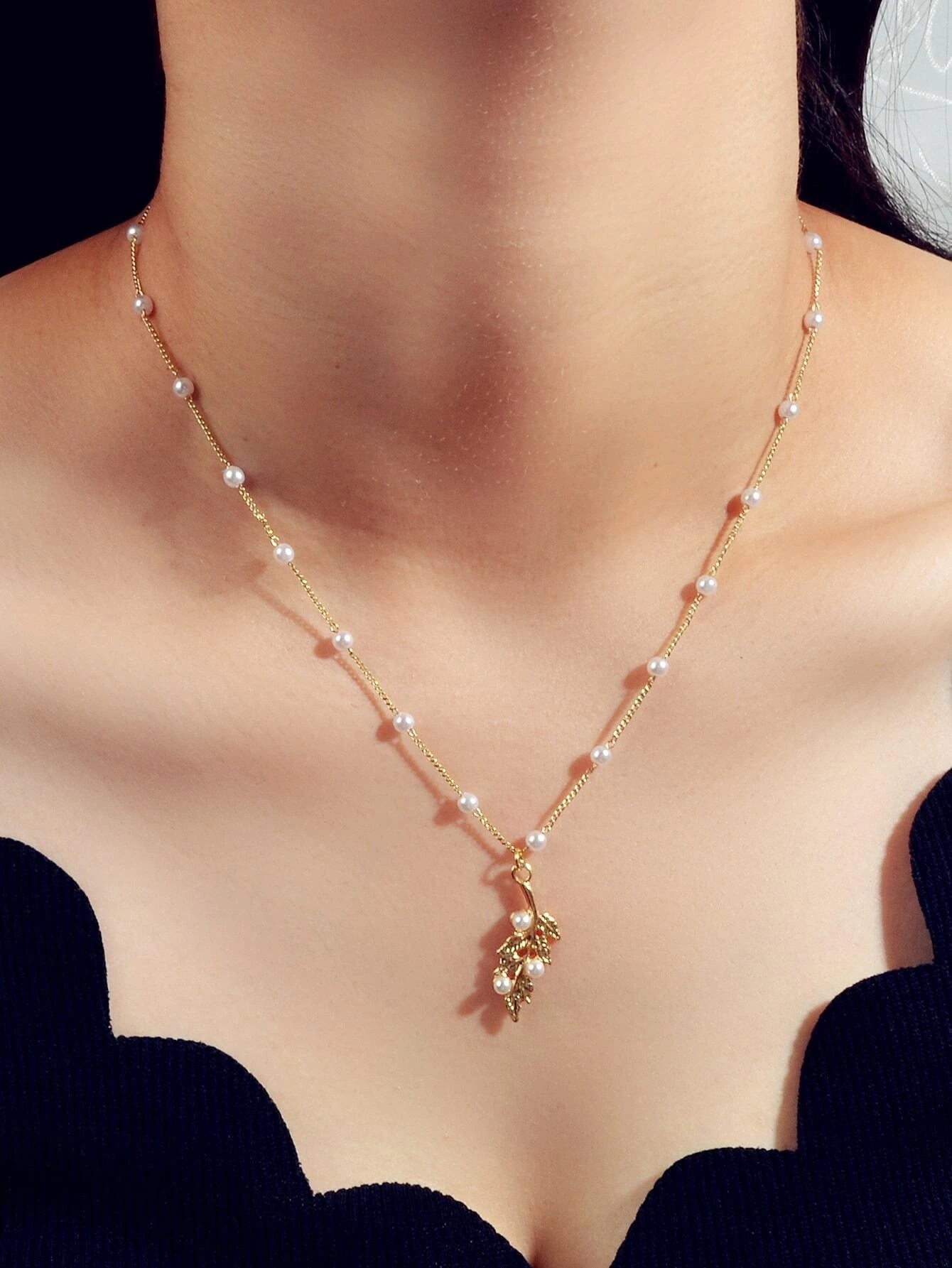 Feelontop Fashion Jewellery Pearl Gold Leaf Pendant Necklace Women