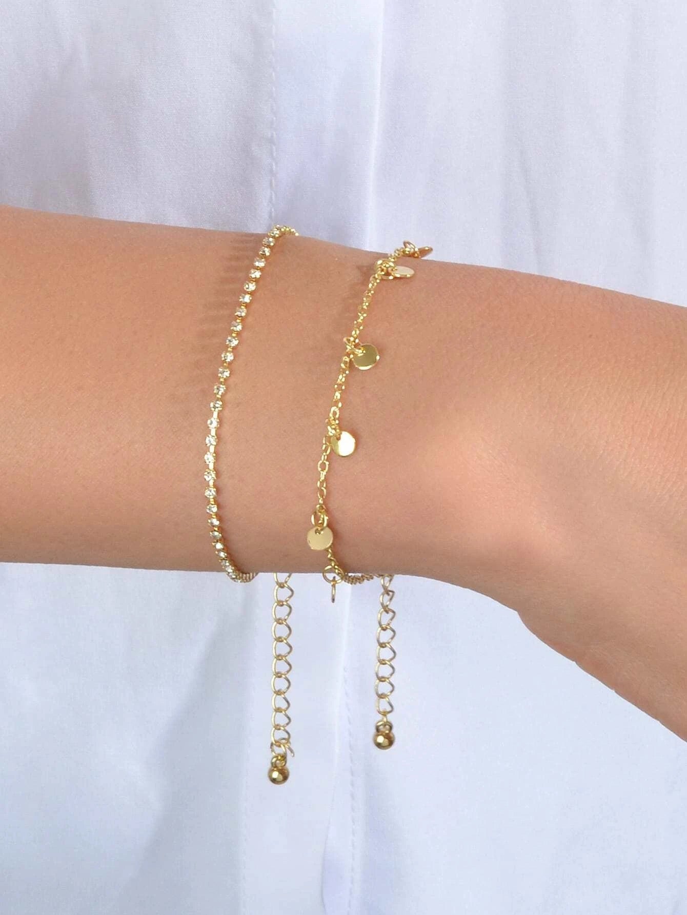 2pcs Women Rhinestone Gold Silver Chain Disc Charm Bracelet Fashion