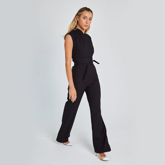 Fashion Elegant Long Sleeveless Jumpsuit Summer V-neck Casual Wide Leg