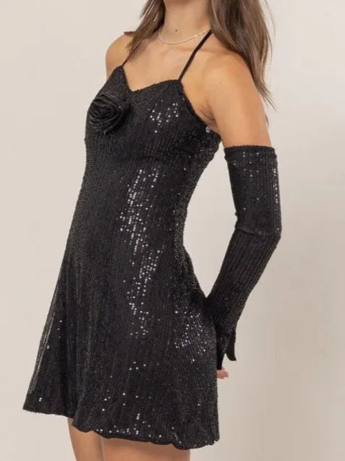 HYFVE Sequin Rosette Halter Mini Dress