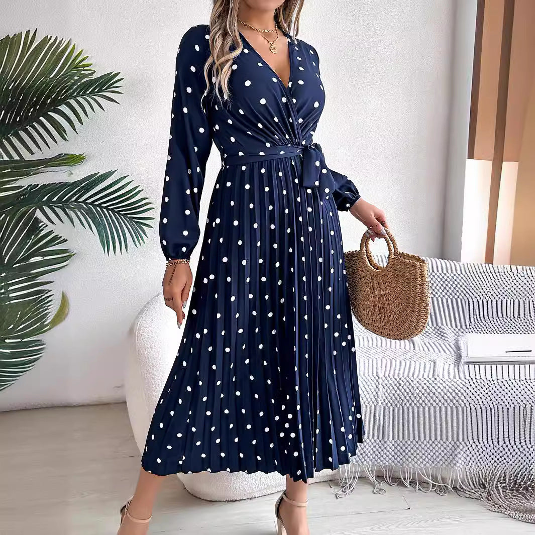 Spring Summer Elegant Long Dress Cross V-Neck Contrast Polka Dot Long