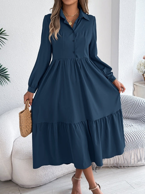Women's Lapel Casual Loose Long Sleeve Ruffled Shirt Dresses Long
