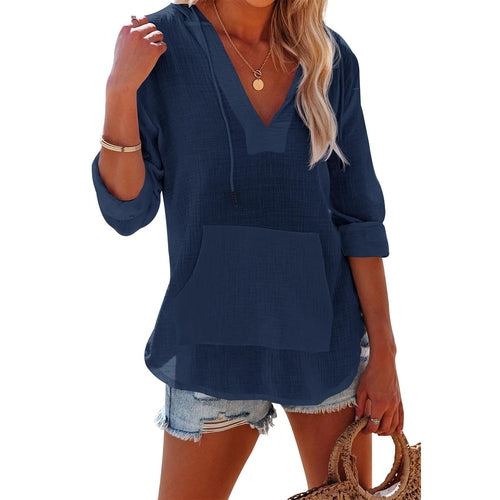 V-neck Hooded Shirt With Pockets Fashion Sports Long-sleeved Split