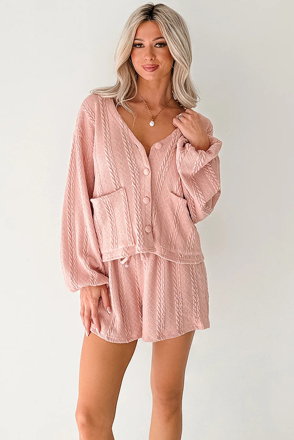 Cable Knit V-Neck Cardigan and Shorts Set