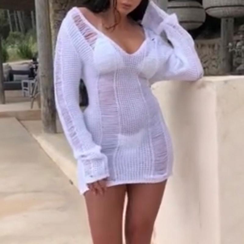 Knitted v neck sweater dress Female transparent long sleeve