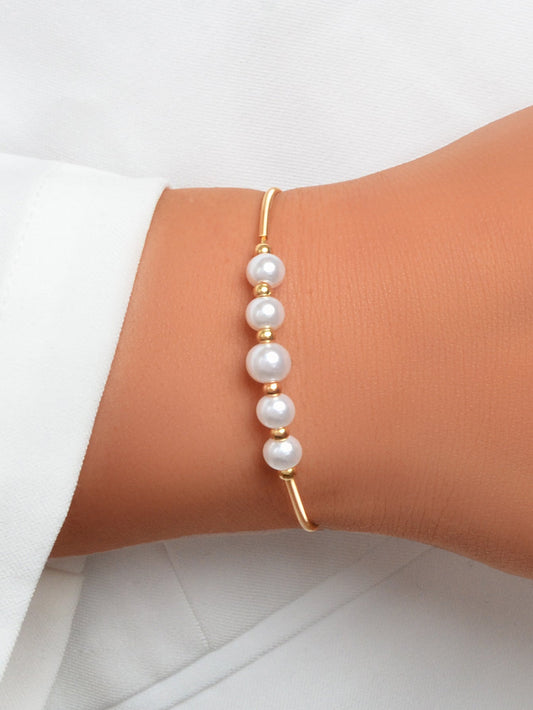 Women Delicate Pearl Decor Cuff Bangle Gold Plated Jewellery Classic