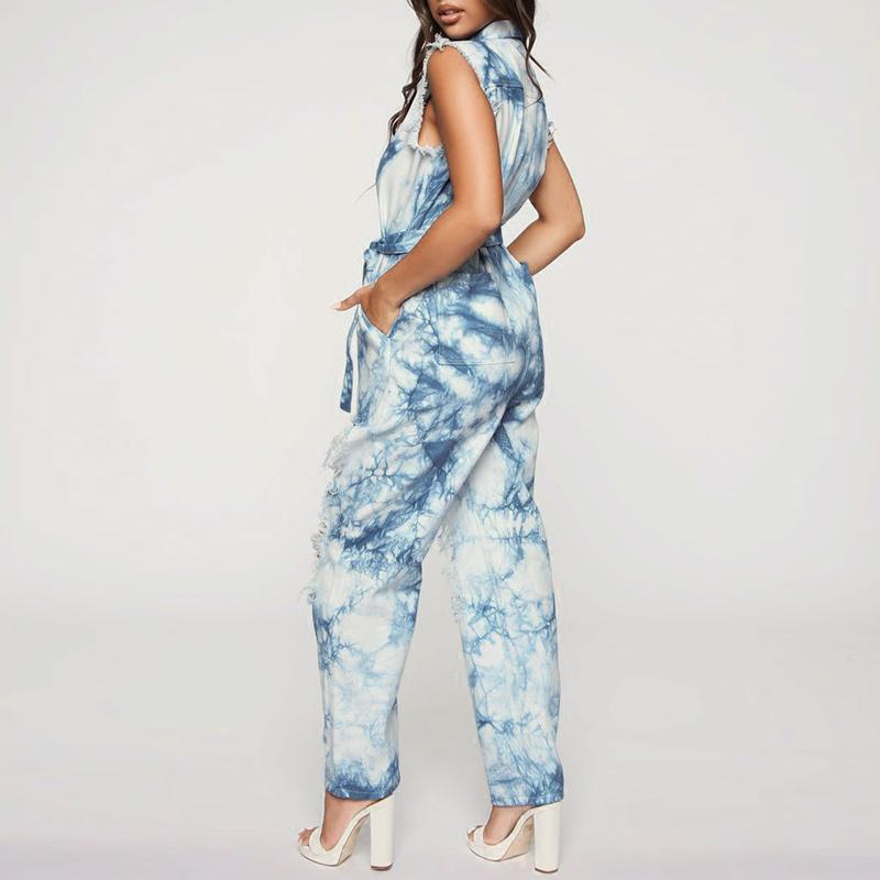 Denim hole tie dyed jumpsuit Women sashes buttons sexy long