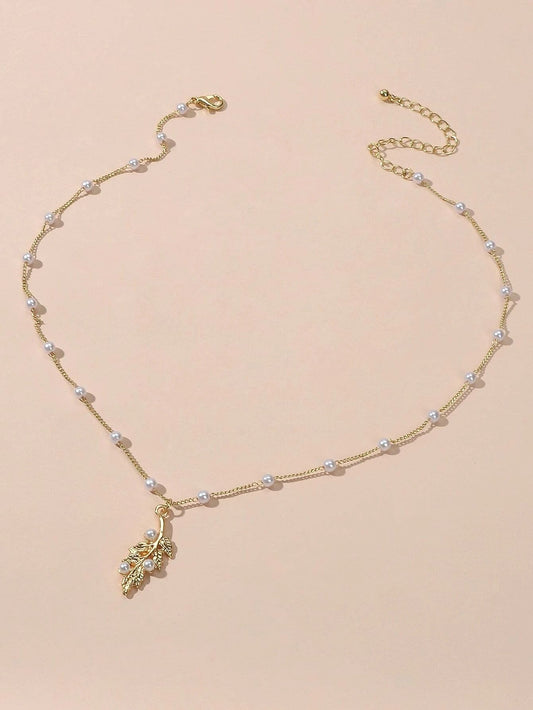 Feelontop Fashion Jewellery Pearl Gold Leaf Pendant Necklace Women