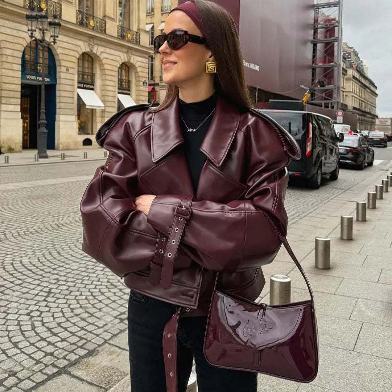 Loose Lapel Leather Jacket Fashion Cropped Tops Streetwear For Womens