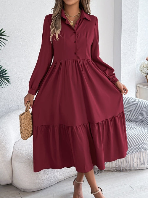 Women's Lapel Casual Loose Long Sleeve Ruffled Shirt Dresses Long