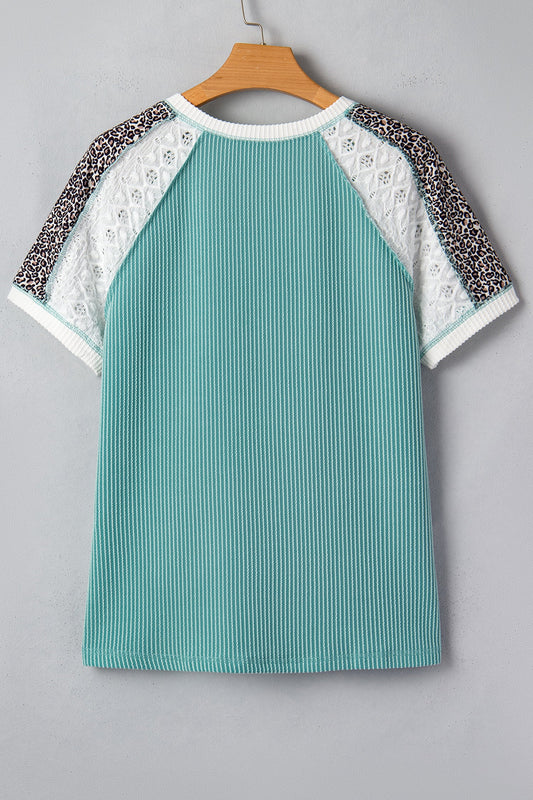 Leopard Colorblock Corded Knit Patchwork Tee