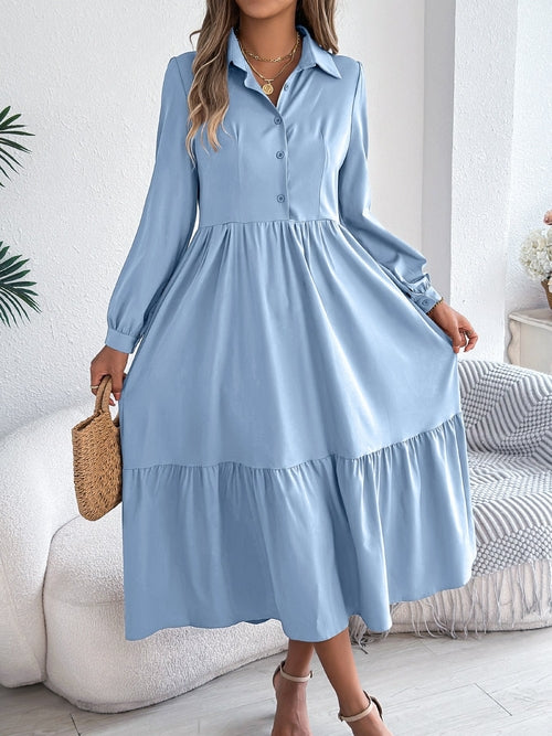 Women's Lapel Casual Loose Long Sleeve Ruffled Shirt Dresses Long