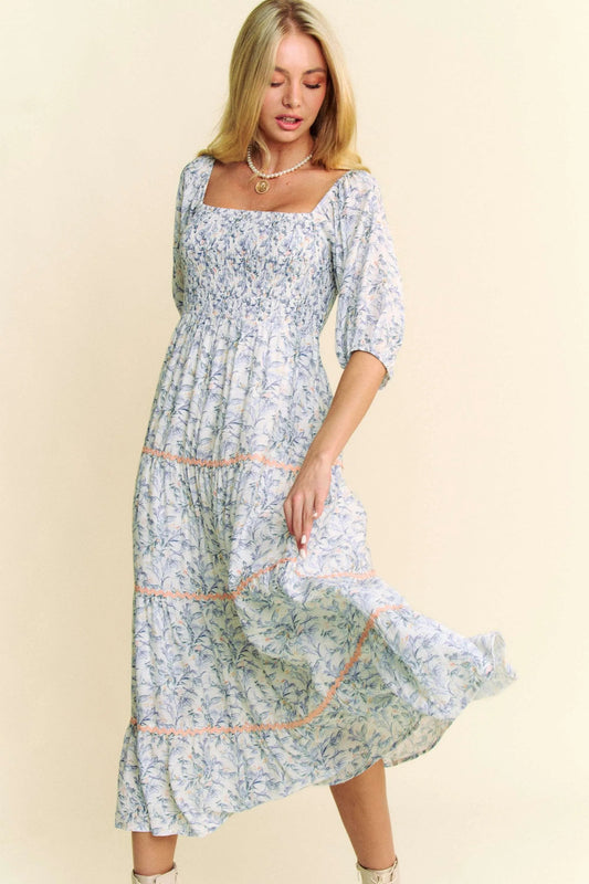 Davi & Dani Contrast Ric Smocking Bodice Tiered Midi Dress