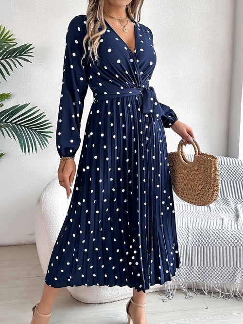 Spring Summer Elegant Long Dress Cross V-Neck Contrast Polka Dot Long