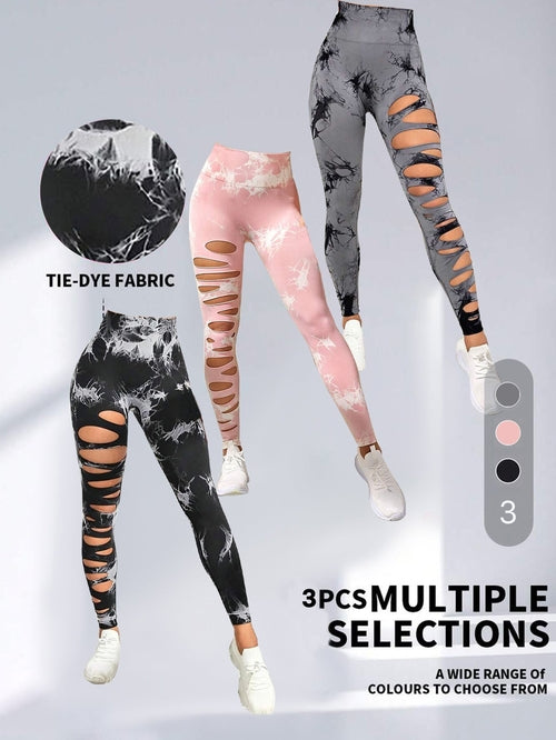 3 Pack Women's Tie Dye Cutout Tights High Waist Workout Yoga Leggings,