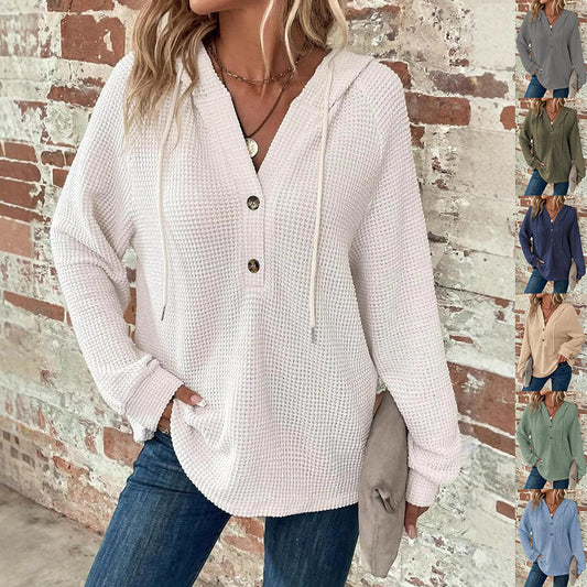 Waffle Hooded Sweater Sweatshirt Fashion Casual Long-sleeved
