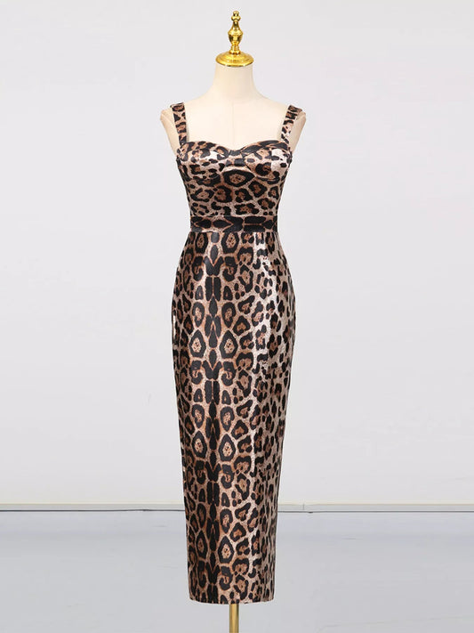 Leopard Print Bodycon Back Slit Midi Dress