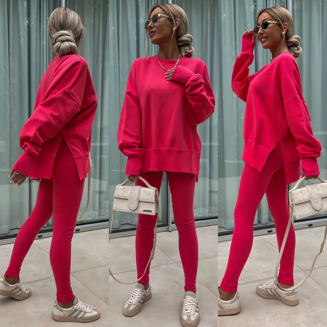 Sweater Suit Women's Casual Loose Long Sleeve Crew Neck Split Top