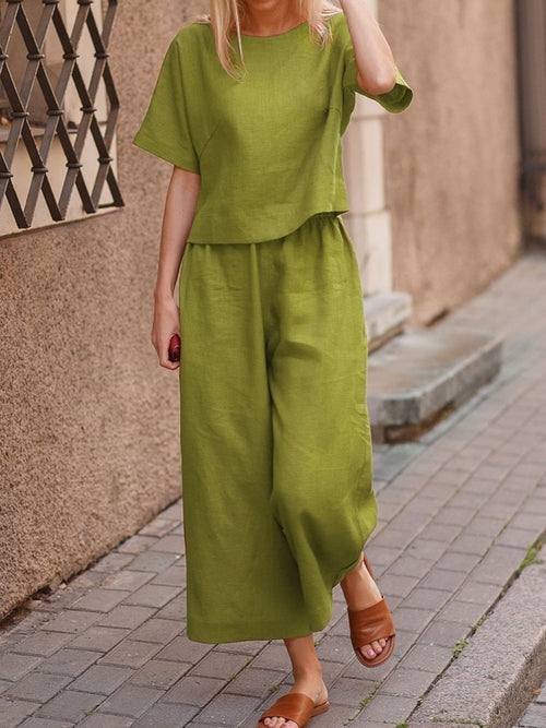 European And American Women's Linen Casual Loose Solid Color Suit