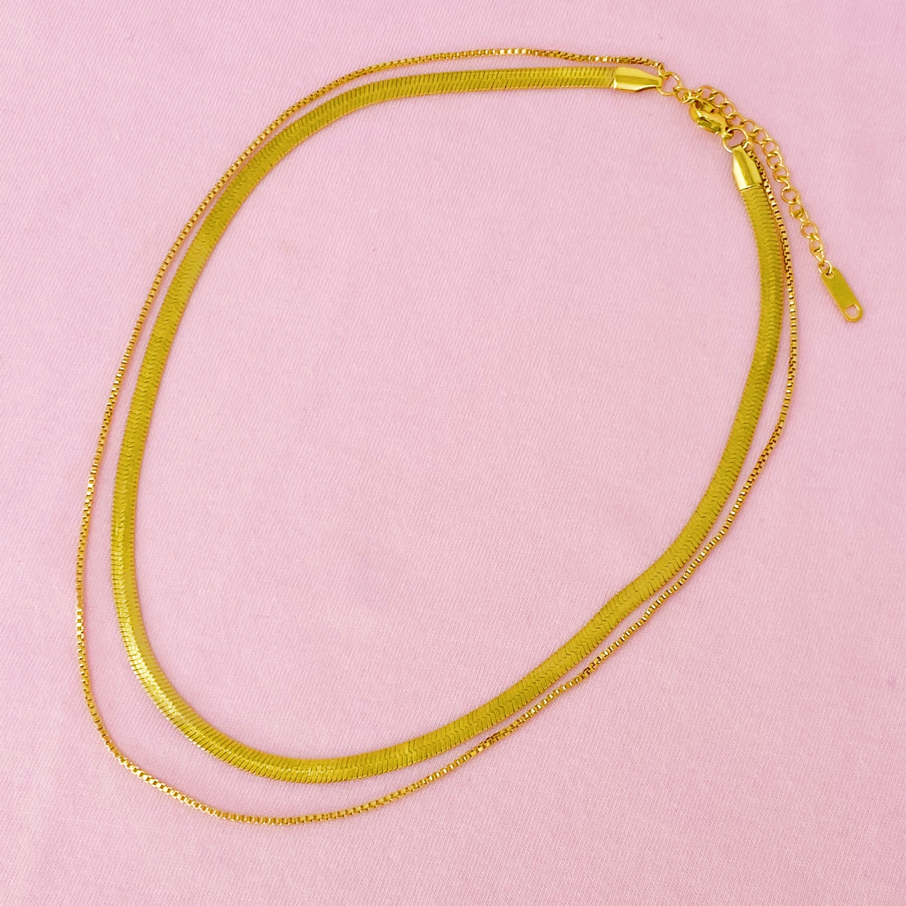 Layered Herringbone Chain Necklace, Waterproof Gold
