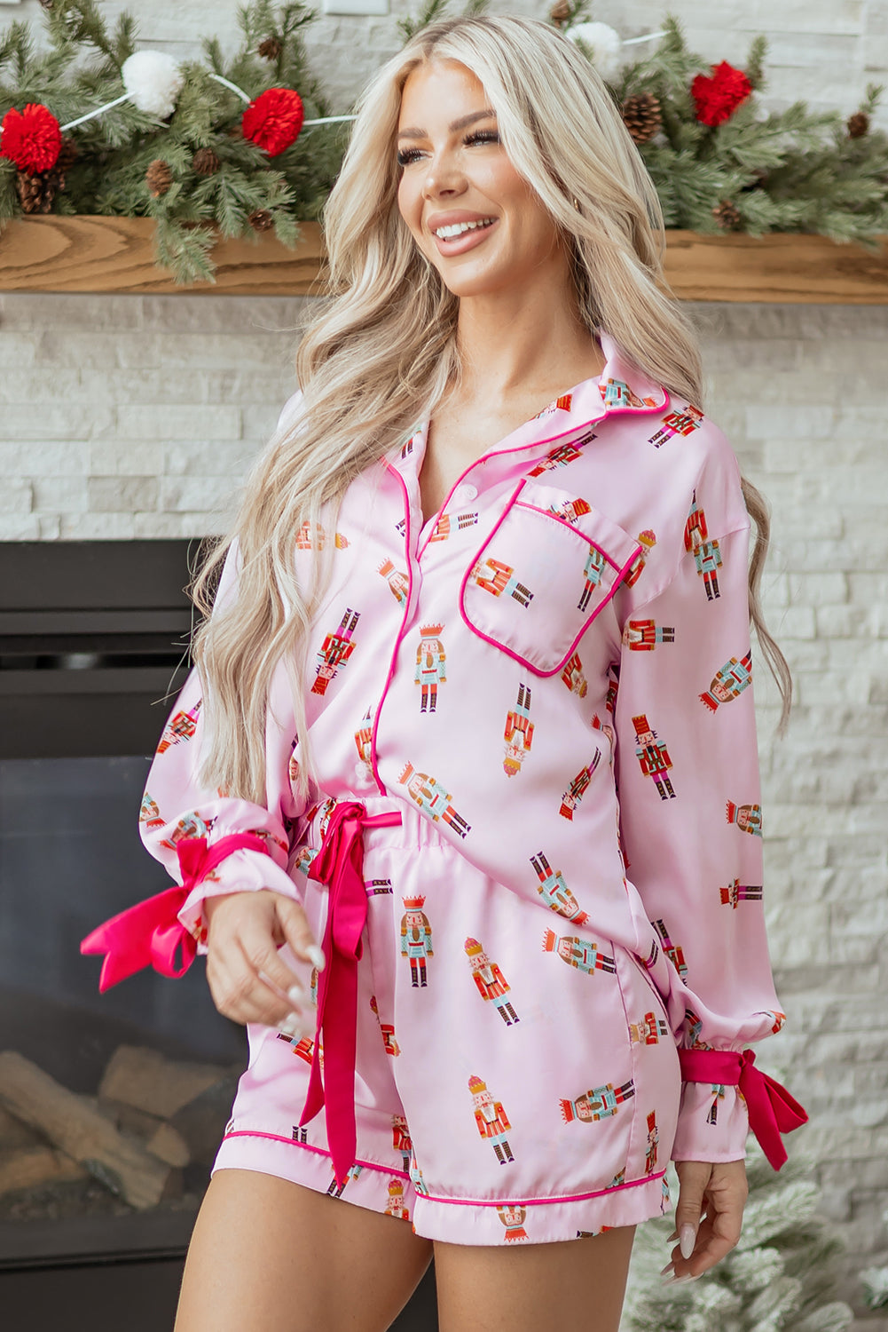 Christmas Nutcracker Bow Contrast Trim Pajama Set