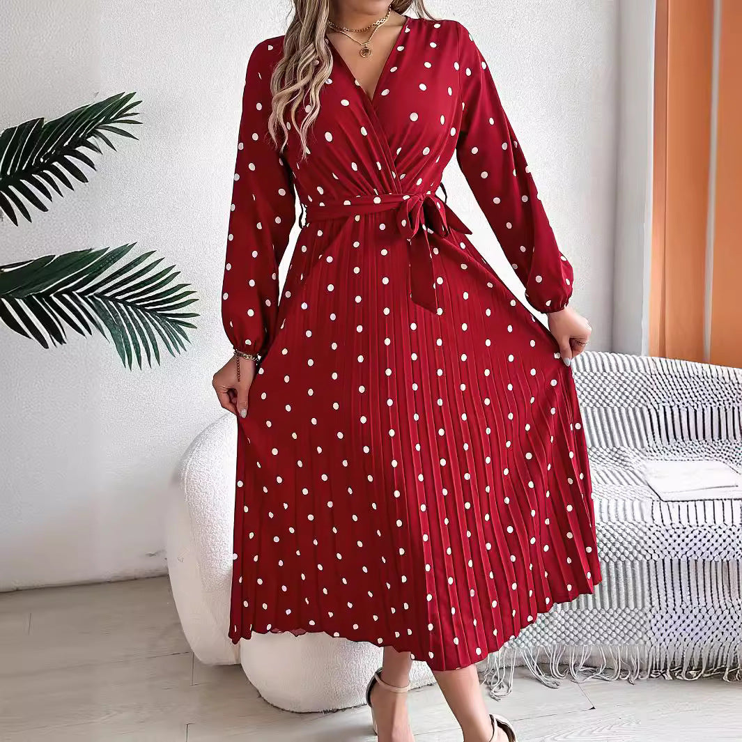 Spring Summer Elegant Long Dress Cross V-Neck Contrast Polka Dot Long
