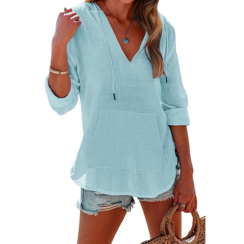 V-neck Hooded Shirt With Pockets Fashion Sports Long-sleeved Split