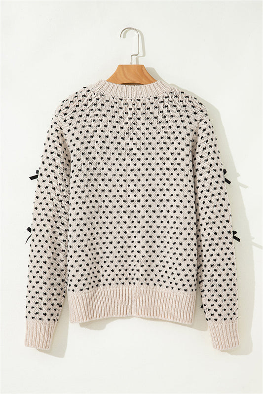 Bow Tie Ribbed Edge Crewneck Long Sleeve Sweater