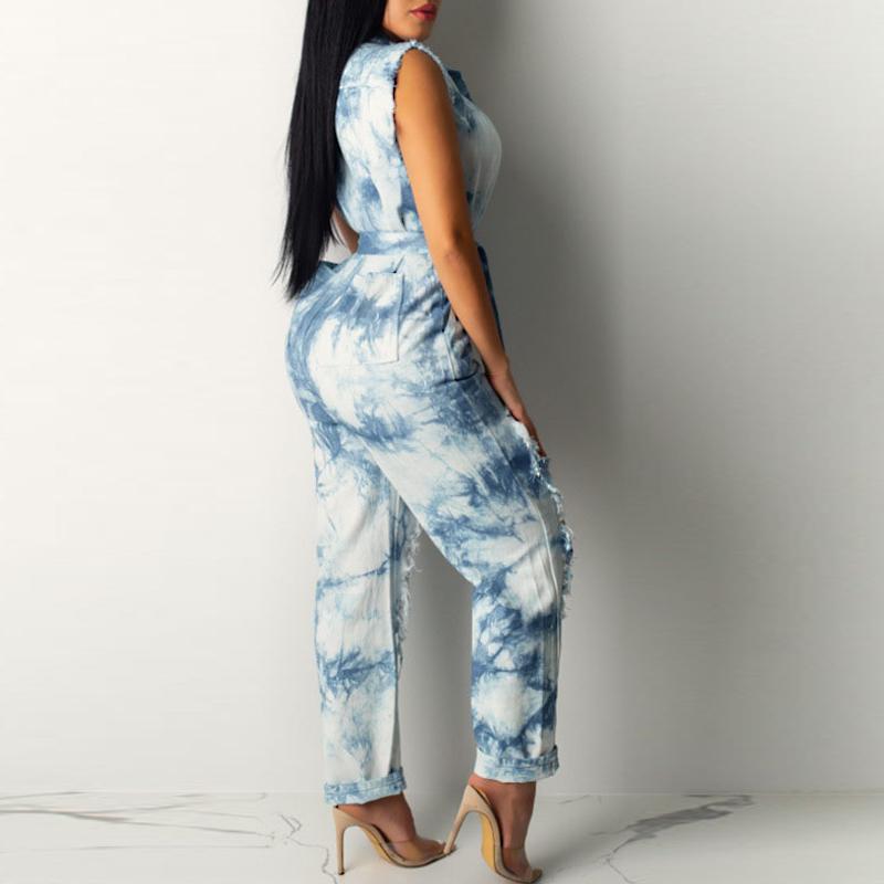 Denim hole tie dyed jumpsuit Women sashes buttons sexy long