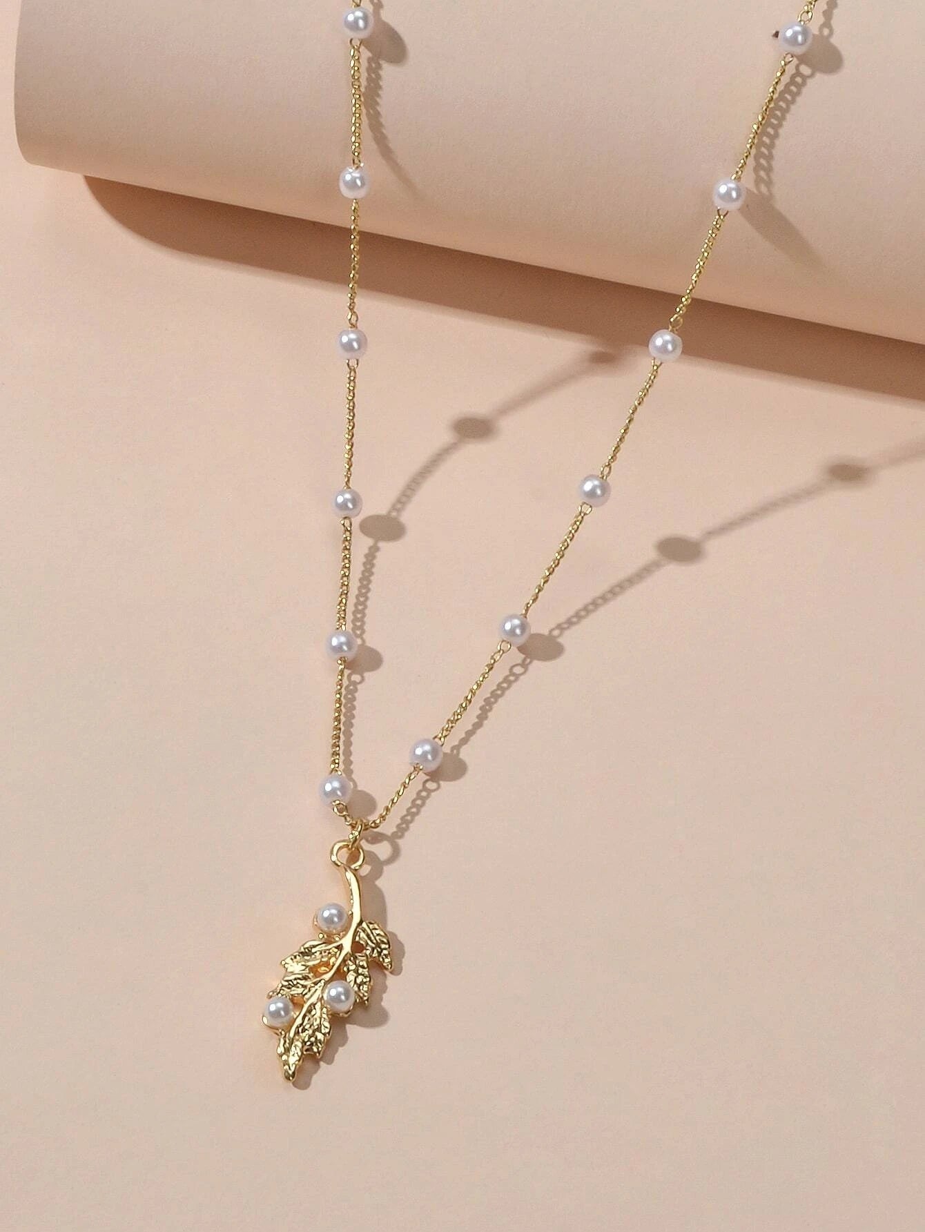 Feelontop Fashion Jewellery Pearl Gold Leaf Pendant Necklace Women