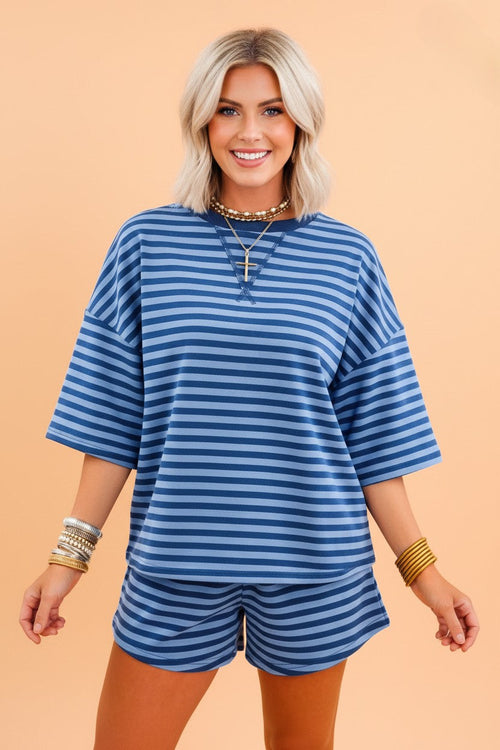 Stripe Short Sleeve Top & High Waist Short Set