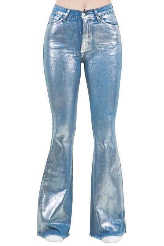 Metallic Bell Bottom Jean in Blue - Inseam 32\