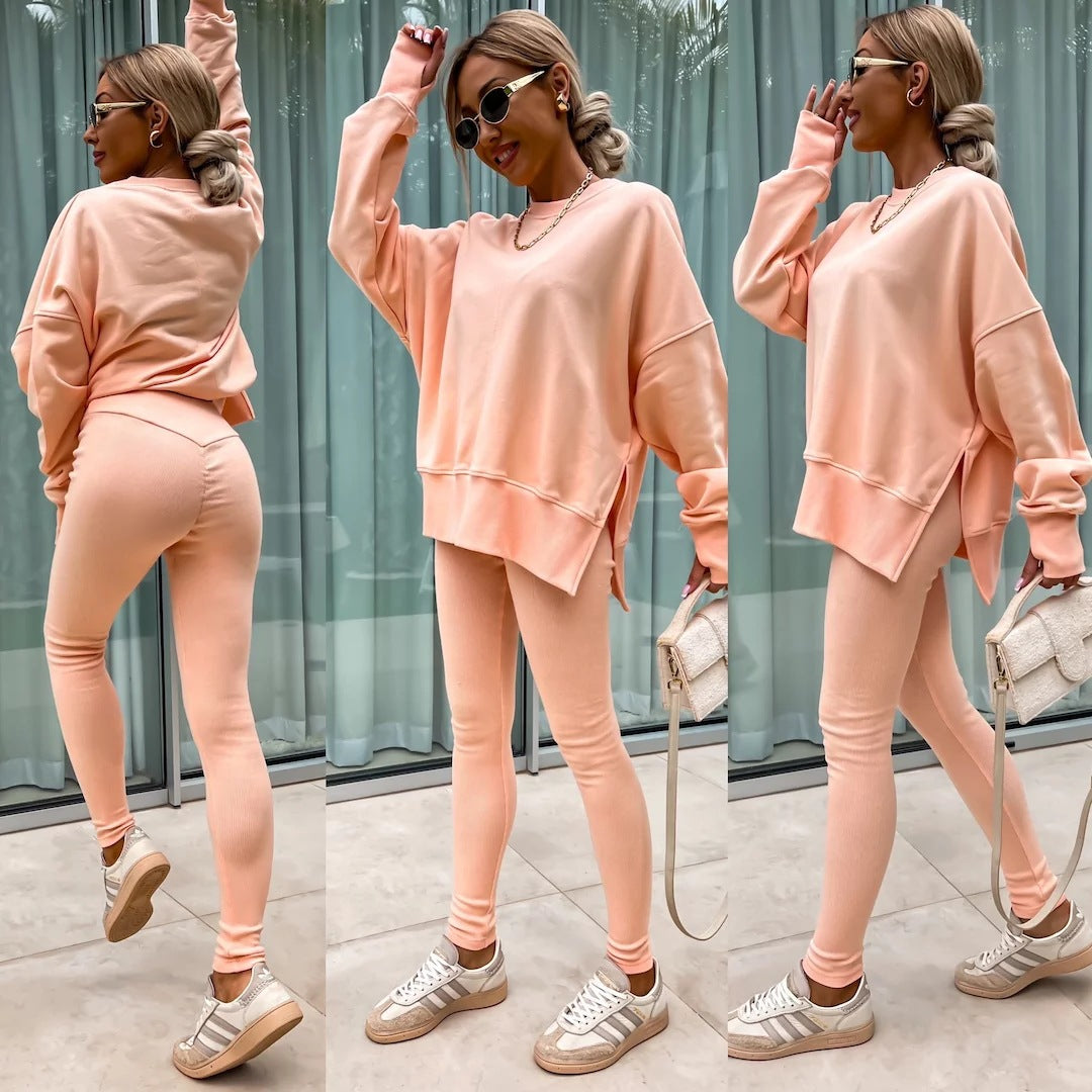 Sweater Suit Women's Casual Loose Long Sleeve Crew Neck Split Top