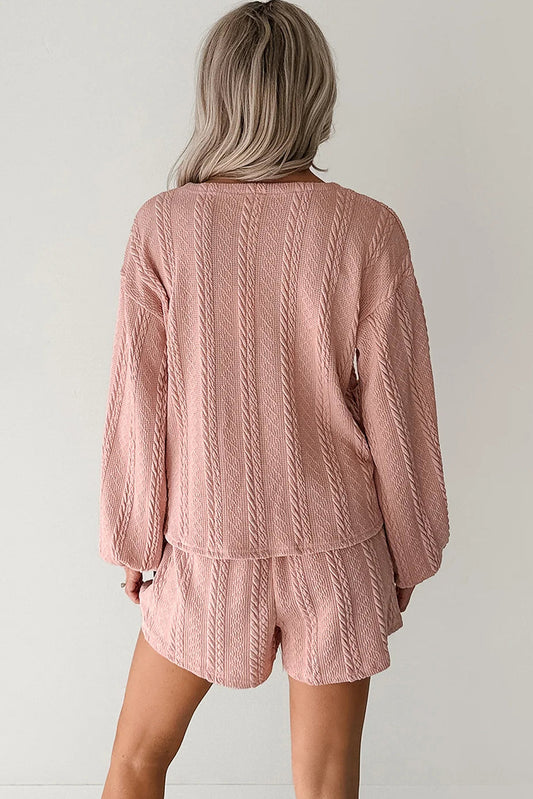 Cable Knit V-Neck Cardigan and Shorts Set