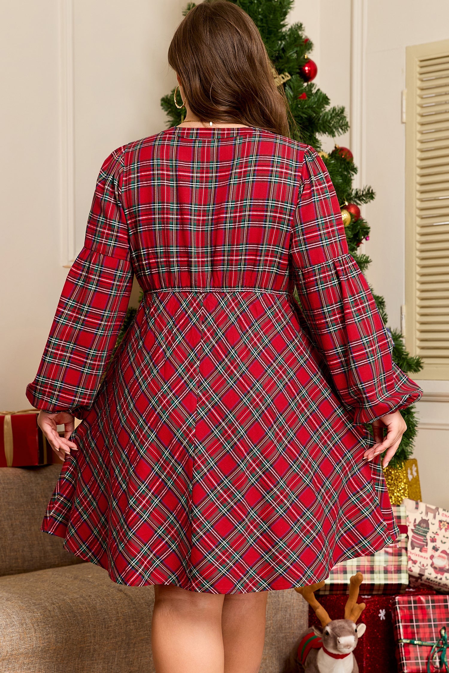 Plus Size Plaid Half Button Long Sleeve Dress