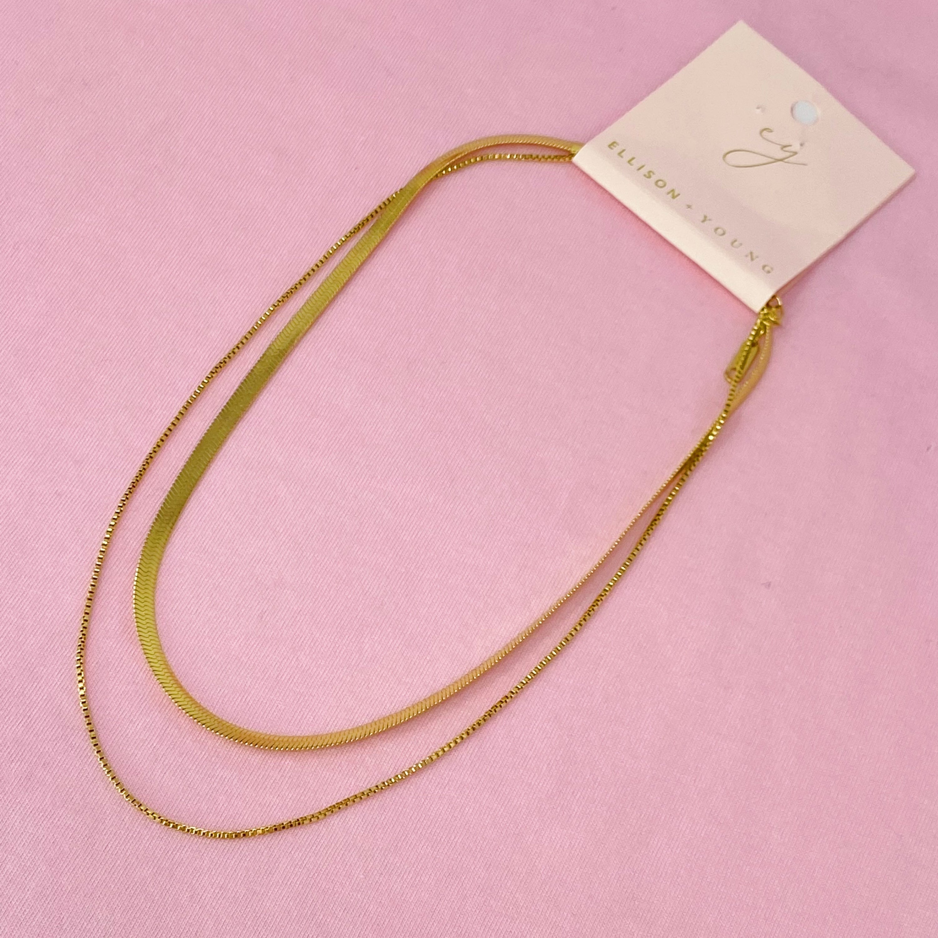 Layered Herringbone Chain Necklace, Waterproof Gold