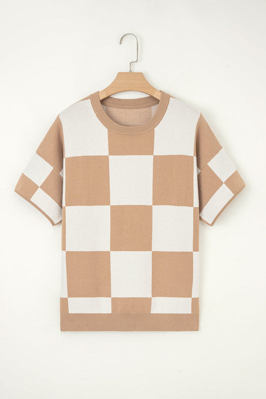 Checker Short Sleeve Drop Shoulder Sweater