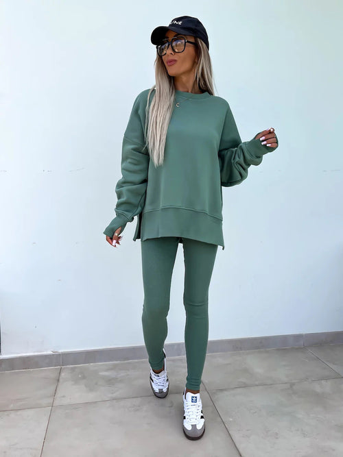 Sweater Suit Women's Casual Loose Long Sleeve Crew Neck Split Top