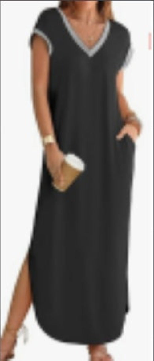 Women's  Summer Short Sleeve Maxi Dress V Neck Split Loose Casual