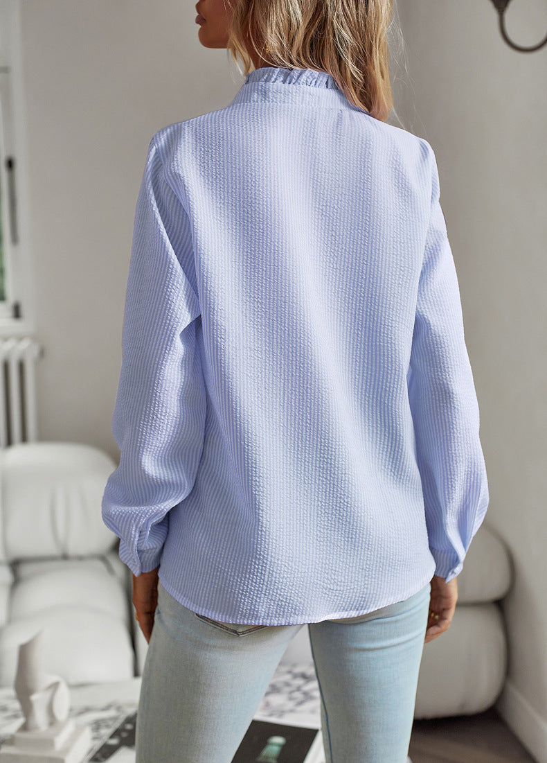 Striped Long Sleeve Shirt Fashion Ruffle Design Button Up Tops Casual
