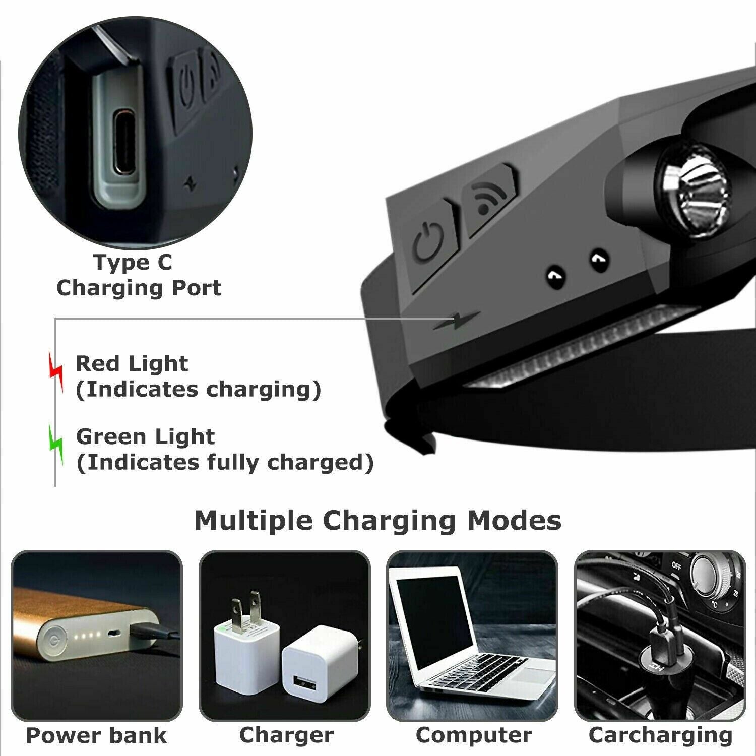 COB LED Headlamp USB Rechargeable Headlight Torch Work Light Bar Head